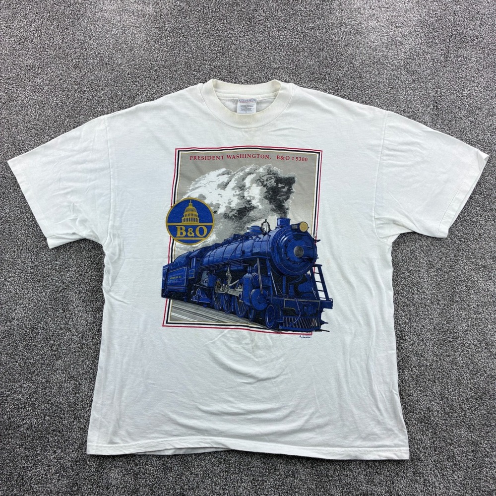 Vintage President Washington B&O Railroad Shirt Mens XL White Train Steam Engine